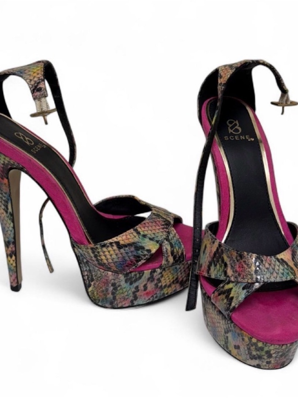 Scene Weaver Multicolor Snakeskin Platform Sandals with Pink Insole